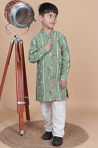 Avocado Green Mul Chanderi Embroidered Kurta Set For Boys by Little Blessings