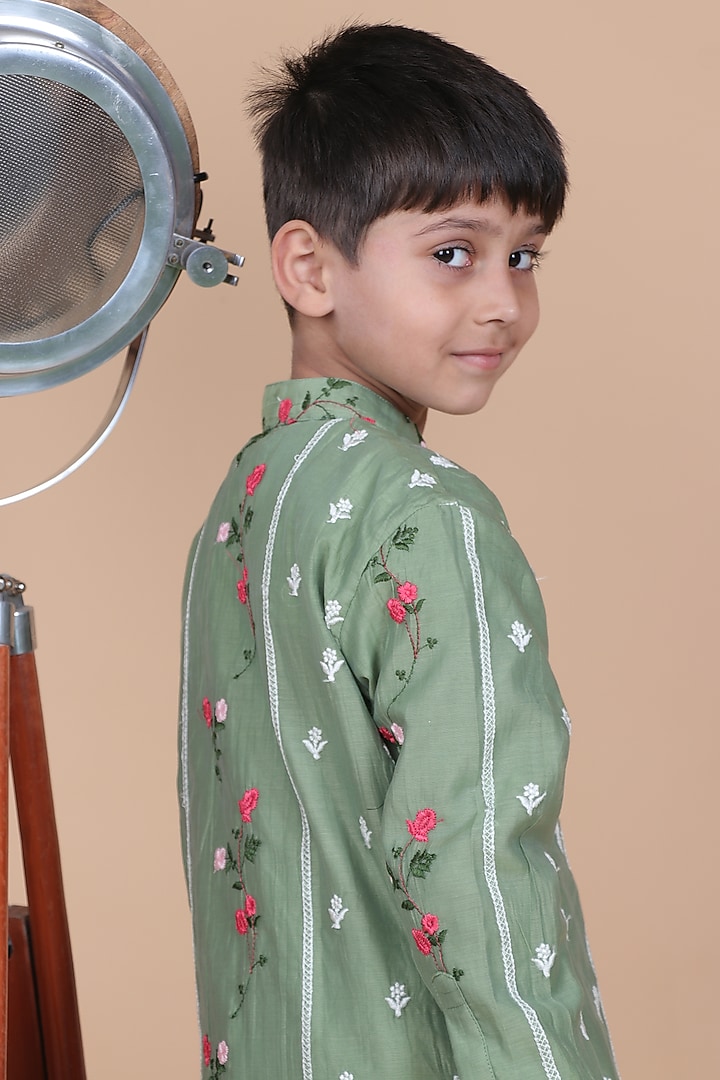 Avocado Green Mul Chanderi Embroidered Kurta Set For Boys by Little Blessings at Pernia's Pop Up Shop