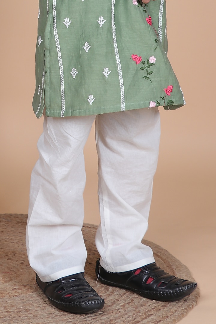 Avocado Green Mul Chanderi Embroidered Kurta Set For Boys by Little Blessings at Pernia's Pop Up Shop