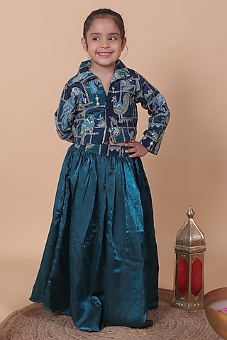 Peacock Blue Fendi Silk Zari Embroidered Lehenga Set For Girls by Little Blessings