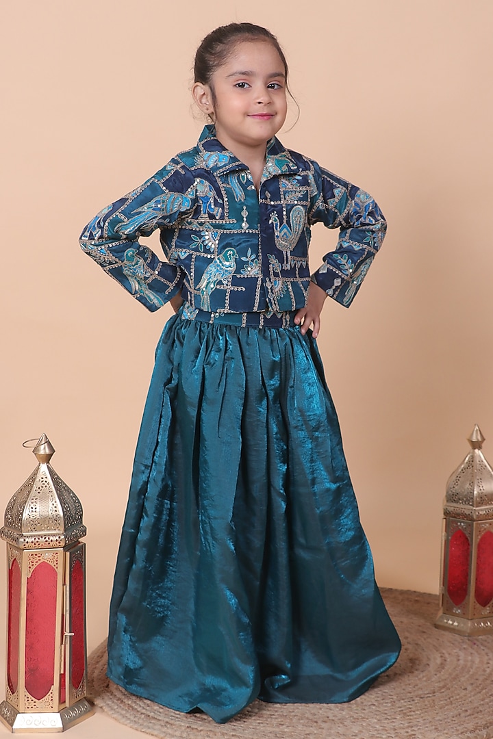 Peacock Blue Fendi Silk Zari Embroidered Lehenga Set For Girls by Little Blessings at Pernia's Pop Up Shop