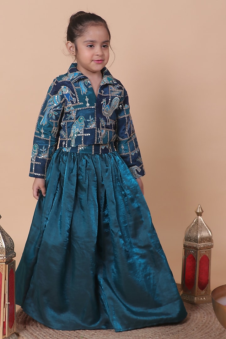 Peacock Blue Fendi Silk Zari Embroidered Lehenga Set For Girls by Little Blessings at Pernia's Pop Up Shop