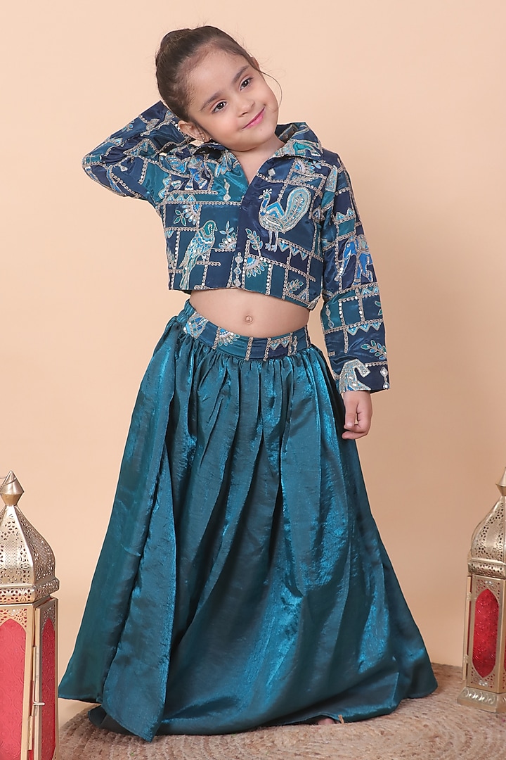 Peacock Blue Fendi Silk Zari Embroidered Lehenga Set For Girls by Little Blessings at Pernia's Pop Up Shop