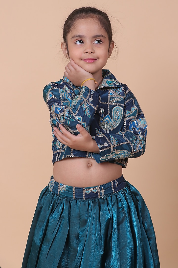 Peacock Blue Fendi Silk Zari Embroidered Lehenga Set For Girls by Little Blessings at Pernia's Pop Up Shop