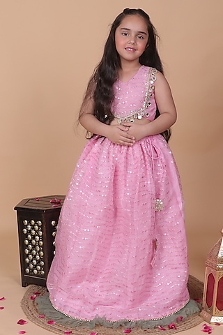 Blush Pink Organza Sequins Work Lehenga Set For Girls by Little Blessings