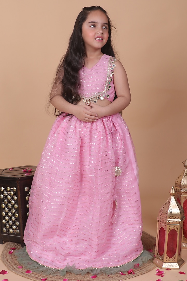 Blush Pink Organza Sequins Work Lehenga Set For Girls by Little Blessings at Pernia's Pop Up Shop