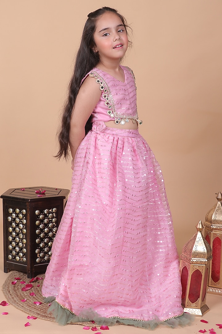 Blush Pink Organza Sequins Work Lehenga Set For Girls by Little Blessings at Pernia's Pop Up Shop