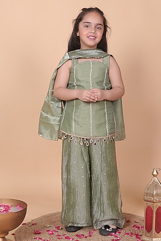 Pastel Green Banarasi Tissue Palazzo Set For Girls by Little Blessings