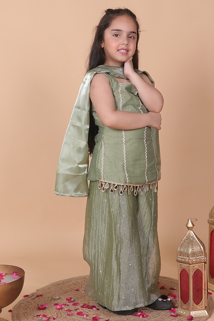 Pastel Green Banarasi Tissue Palazzo Set For Girls by Little Blessings at Pernia's Pop Up Shop