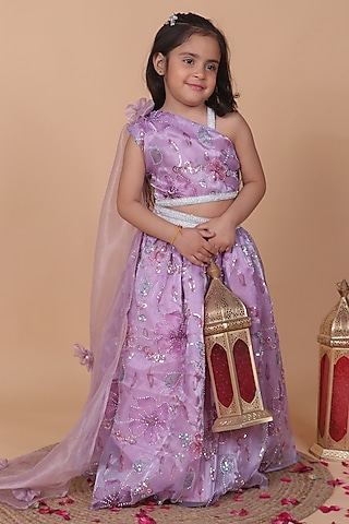 Lilac Organza Floral Lehenga Set For Girls by Little Blessings
