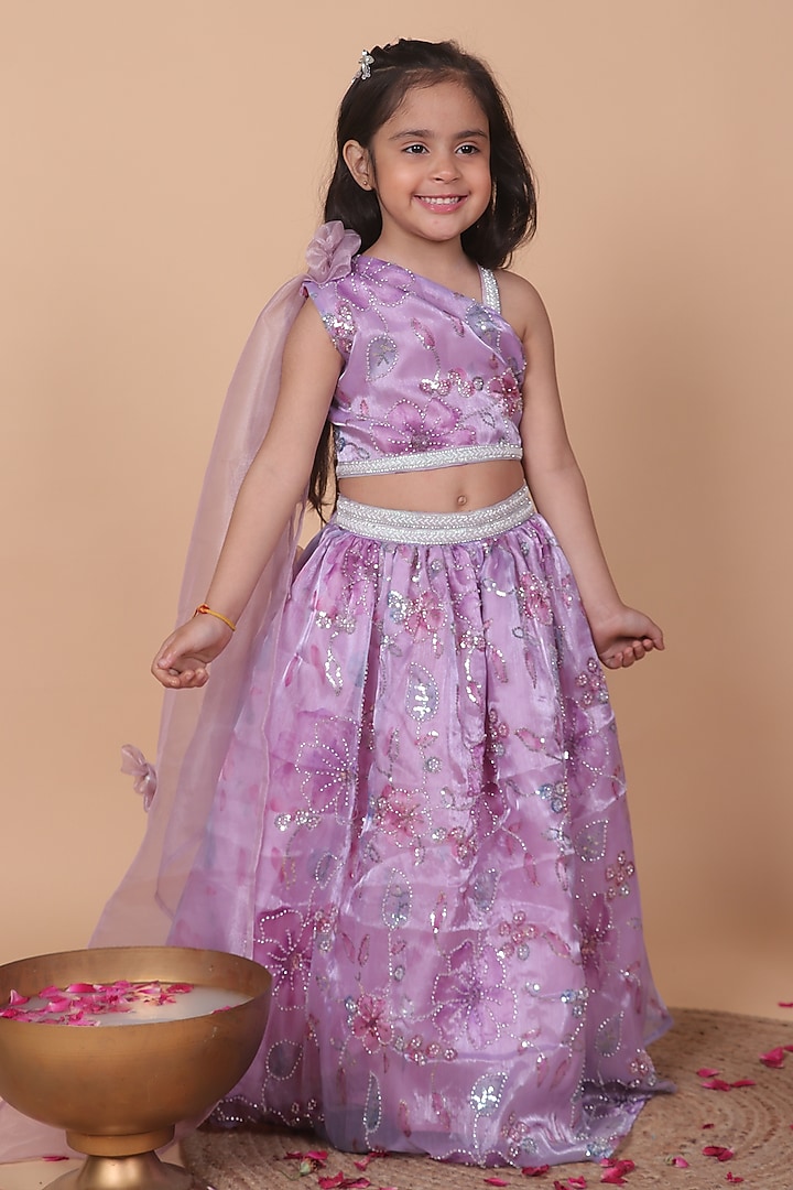 Lilac Organza Floral Lehenga Set For Girls by Little Blessings at Pernia's Pop Up Shop