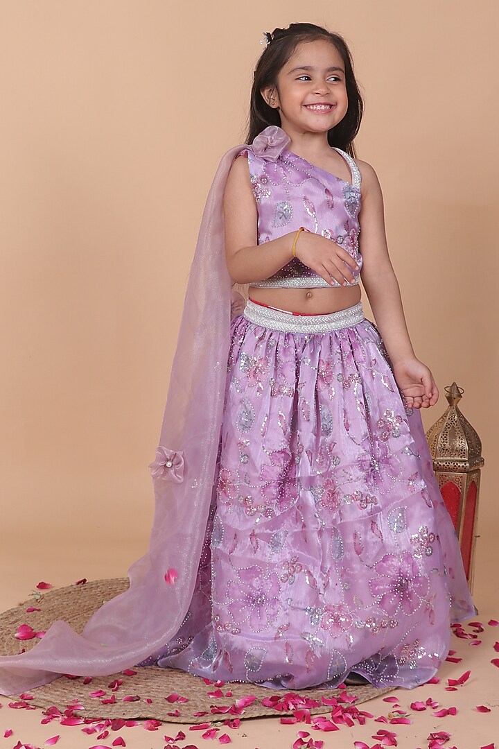 Lilac Organza Floral Lehenga Set For Girls by Little Blessings at Pernia's Pop Up Shop