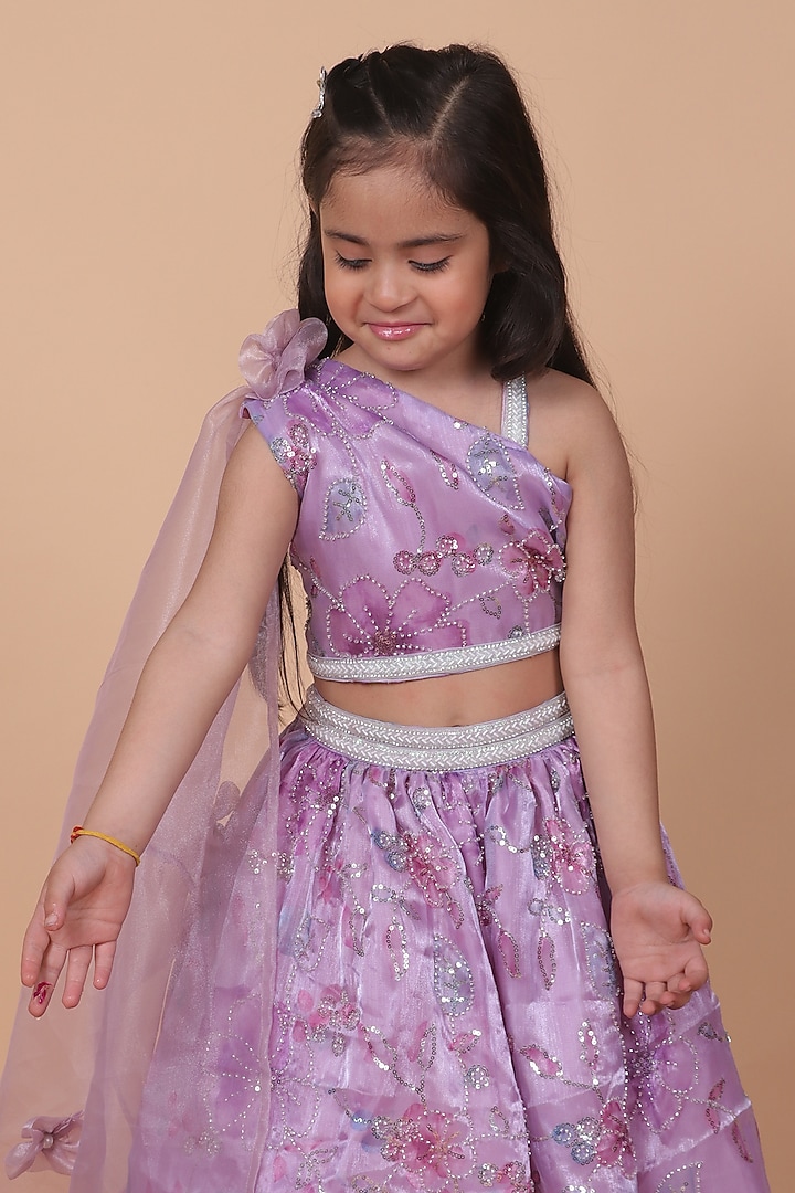 Lilac Organza Floral Lehenga Set For Girls by Little Blessings at Pernia's Pop Up Shop