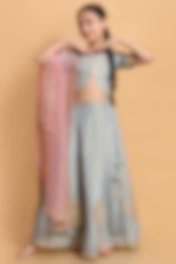Pastel Blue Zari Tissue Patchwork Lehenga Set For Girls by Little Blessings at Pernia's Pop Up Shop