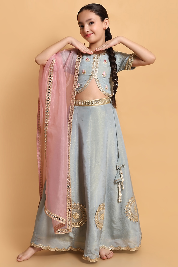 Pastel Blue Zari Tissue Patchwork Lehenga Set For Girls by Little Blessings at Pernia's Pop Up Shop