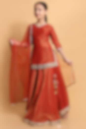 Rust Zari Tissue Mirror Work Lehenga Set For Girls by Little Blessings at Pernia's Pop Up Shop