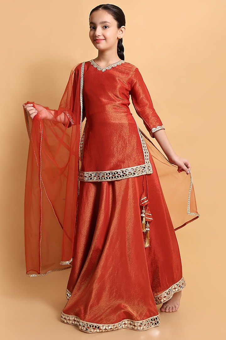 Rust Zari Tissue Mirror Work Lehenga Set For Girls by Little Blessings at Pernia's Pop Up Shop