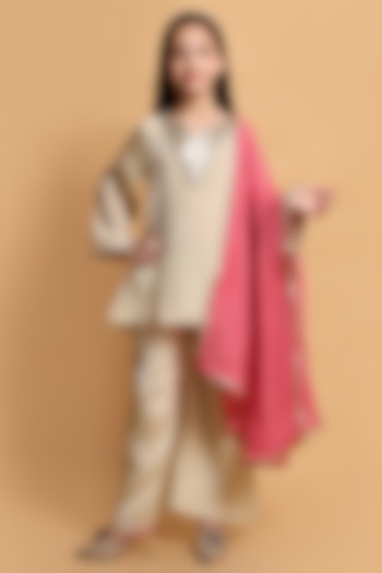 Gold Crushed Tissue Sequins Work Kurta Set For Girls by Little Blessings at Pernia's Pop Up Shop