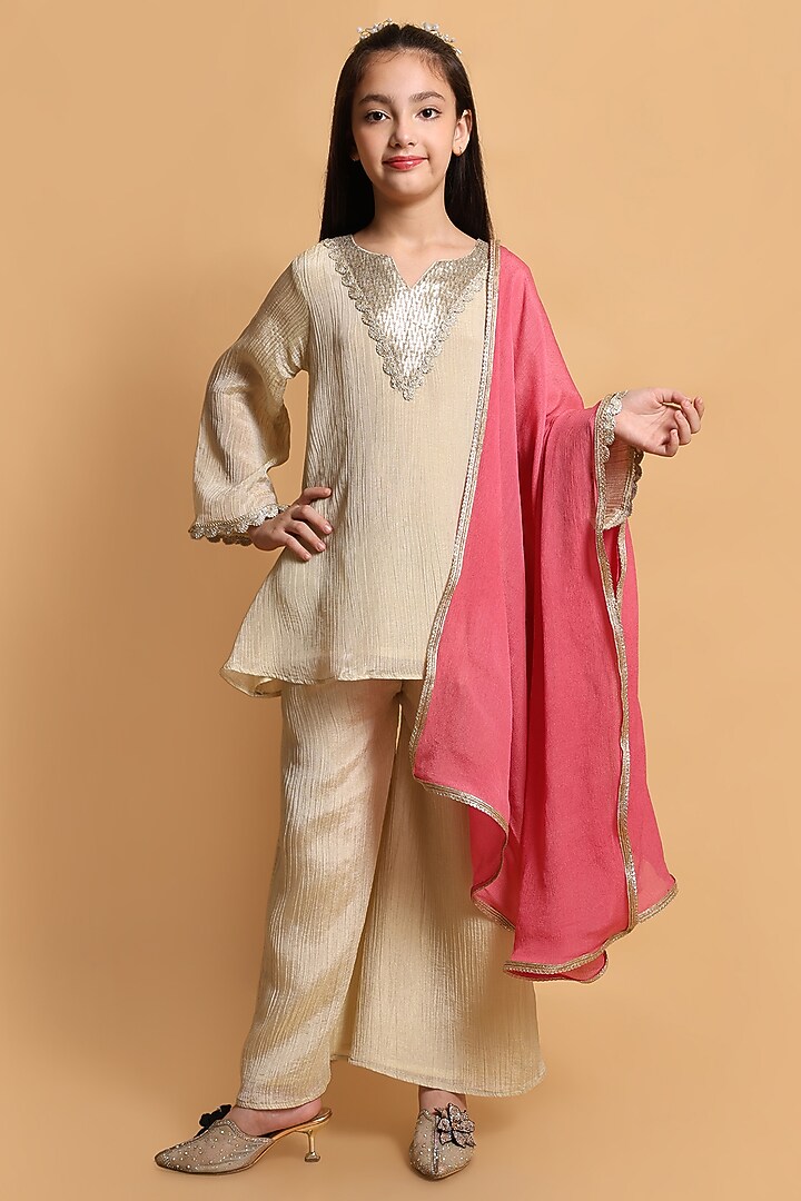 Gold Crushed Tissue Sequins Work Kurta Set For Girls by Little Blessings at Pernia's Pop Up Shop