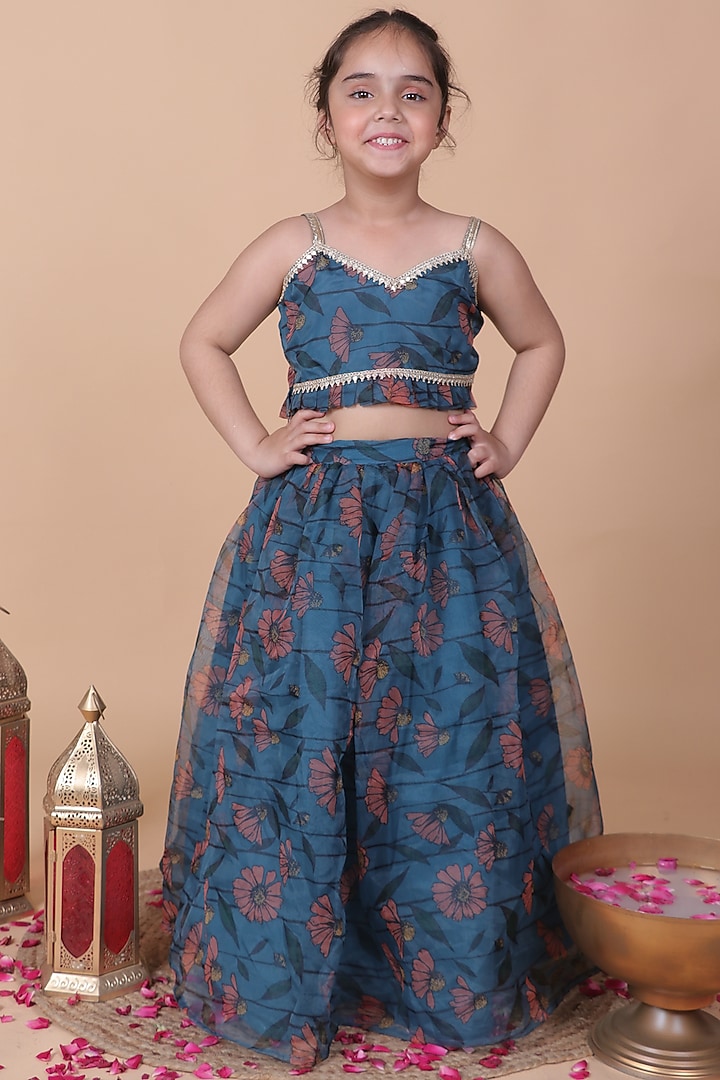 Teal Green Organza Floral Printed Lehenga Set by Little Blessings at Pernia's Pop Up Shop