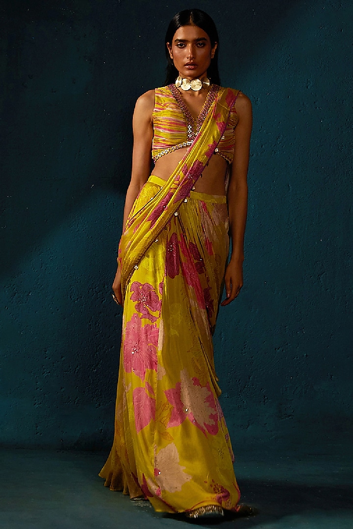Yellow Chinon Chiffon Printed Pre-Draped Saree Set by Basil Leaf