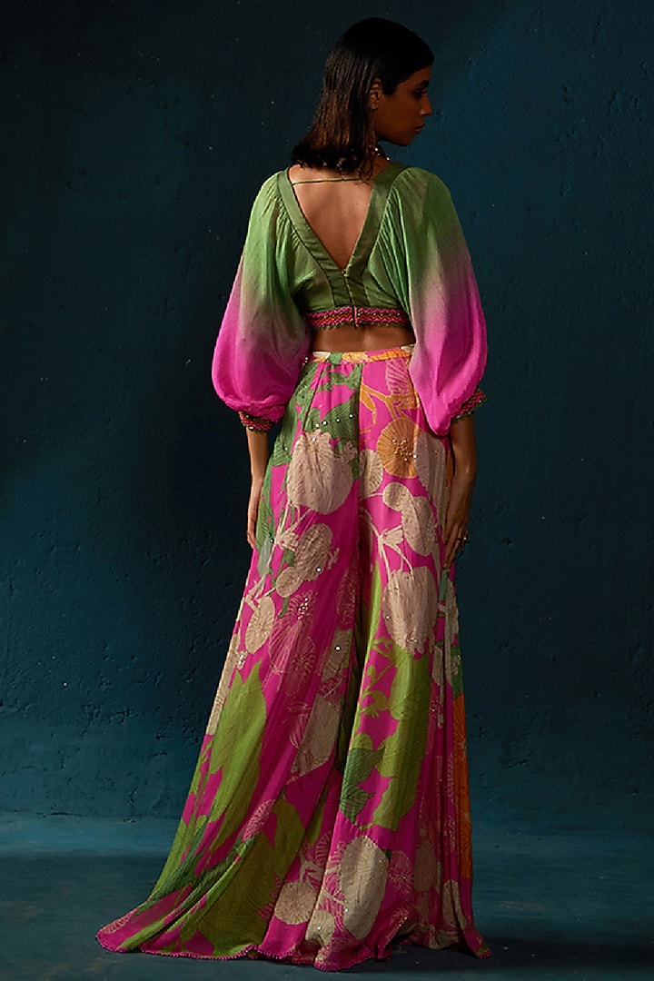 Fuchsia Pink Chinon Chiffon Ombre Printed Pant Set by Basil Leaf at Pernia's Pop Up Shop