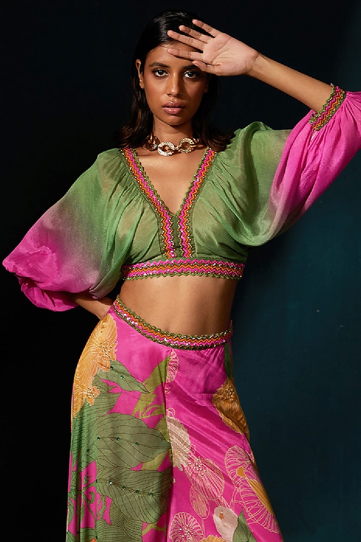 Fuchsia Pink Chinon Chiffon Ombre Printed Pant Set by Basil Leaf at Pernia's Pop Up Shop