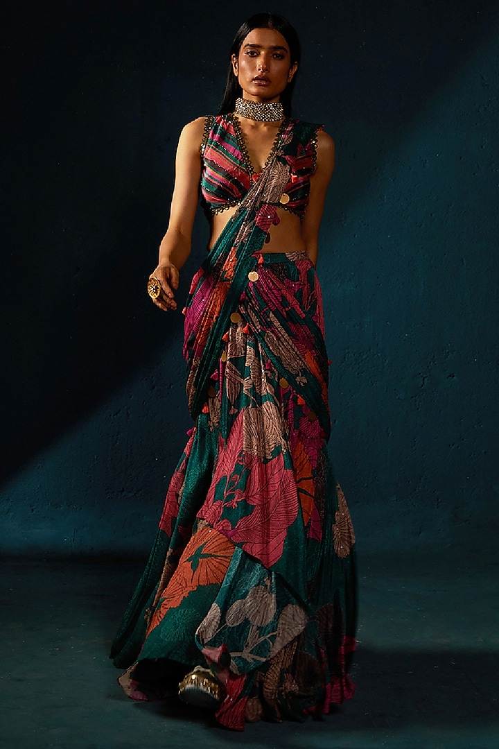 Bottle Green Chinon Chiffon Printed Pre-Draped Wedding Saree Set by Basil Leaf at Pernia's Pop Up Shop