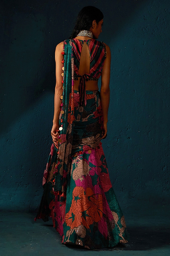 Bottle Green Chinon Chiffon Printed Pre-Draped Wedding Saree Set by Basil Leaf at Pernia's Pop Up Shop