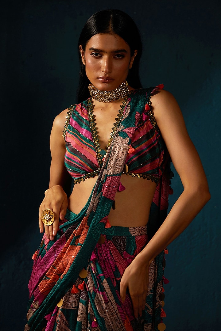 Bottle Green Chinon Chiffon Printed Pre-Draped Wedding Saree Set by Basil Leaf at Pernia's Pop Up Shop