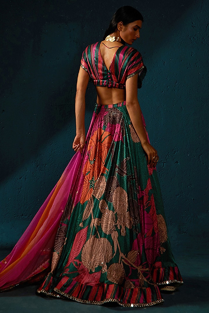 Bottle Green Gaji Satin Printed & Embellished Wedding Lehenga Set by ...