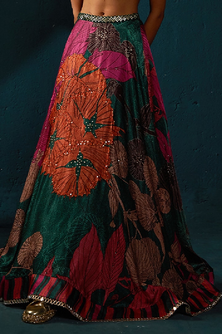 Bottle Green Gaji Satin Printed & Embellished Wedding Lehenga Set by ...