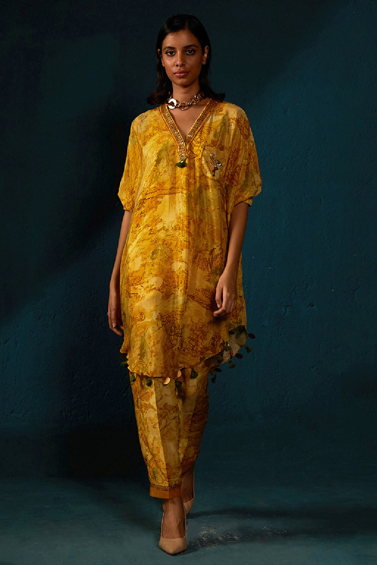 Yellow Chinon Chiffon Printed Co Ord Set Design by Basil Leaf at