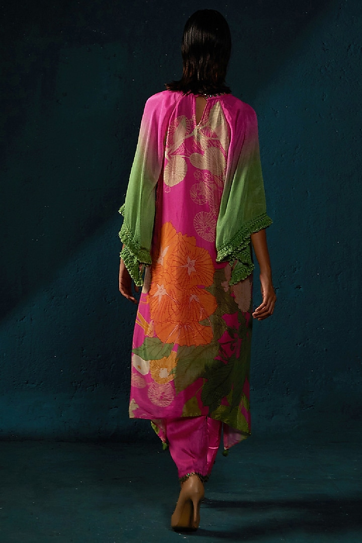 Fuchsia Pink Linen Silk Printed Asymmetric Co-Ord Set by Basil Leaf at Pernia's Pop Up Shop