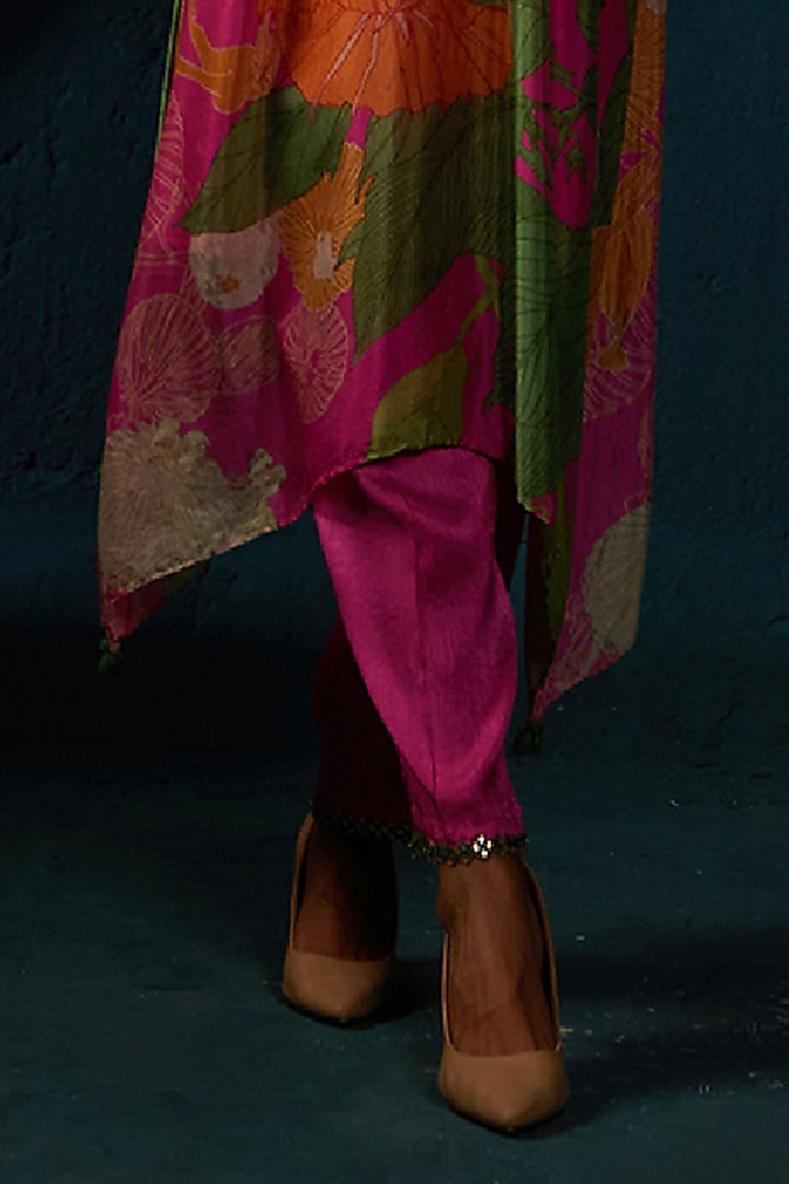Fuchsia Pink Linen Silk Printed Asymmetric Co-Ord Set by Basil Leaf at Pernia's Pop Up Shop