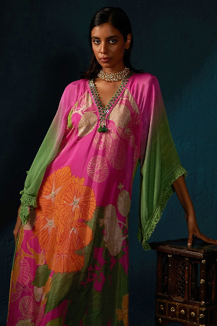Fuchsia Pink Linen Silk Printed Asymmetric Co-Ord Set by Basil Leaf at Pernia's Pop Up Shop