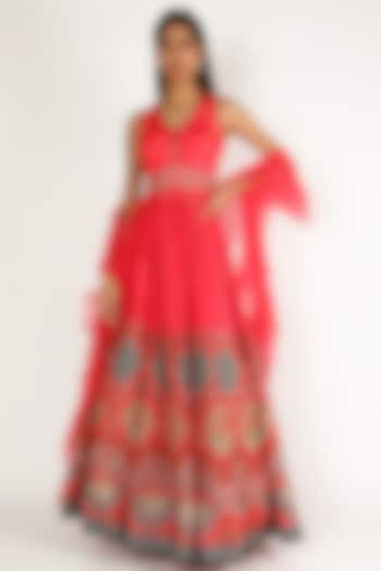 Red Hand Embroidered & Printed Wedding Lehenga Set by Basil Leaf at Pernia's Pop Up Shop