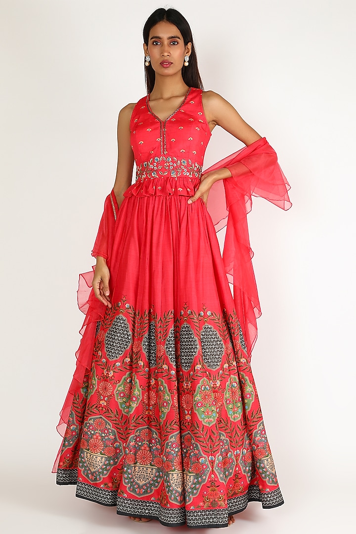 Red Hand Embroidered & Printed Wedding Lehenga Set by Basil Leaf at Pernia's Pop Up Shop