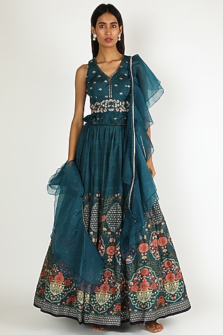 Peacock Blue Hand Embroidered & Printed Lehenga Set by Basil Leaf