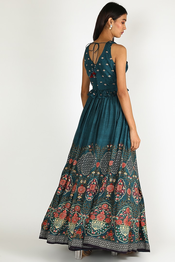 Peacock Blue Hand Embroidered & Printed Wedding Lehenga Set by Basil Leaf at Pernia's Pop Up Shop