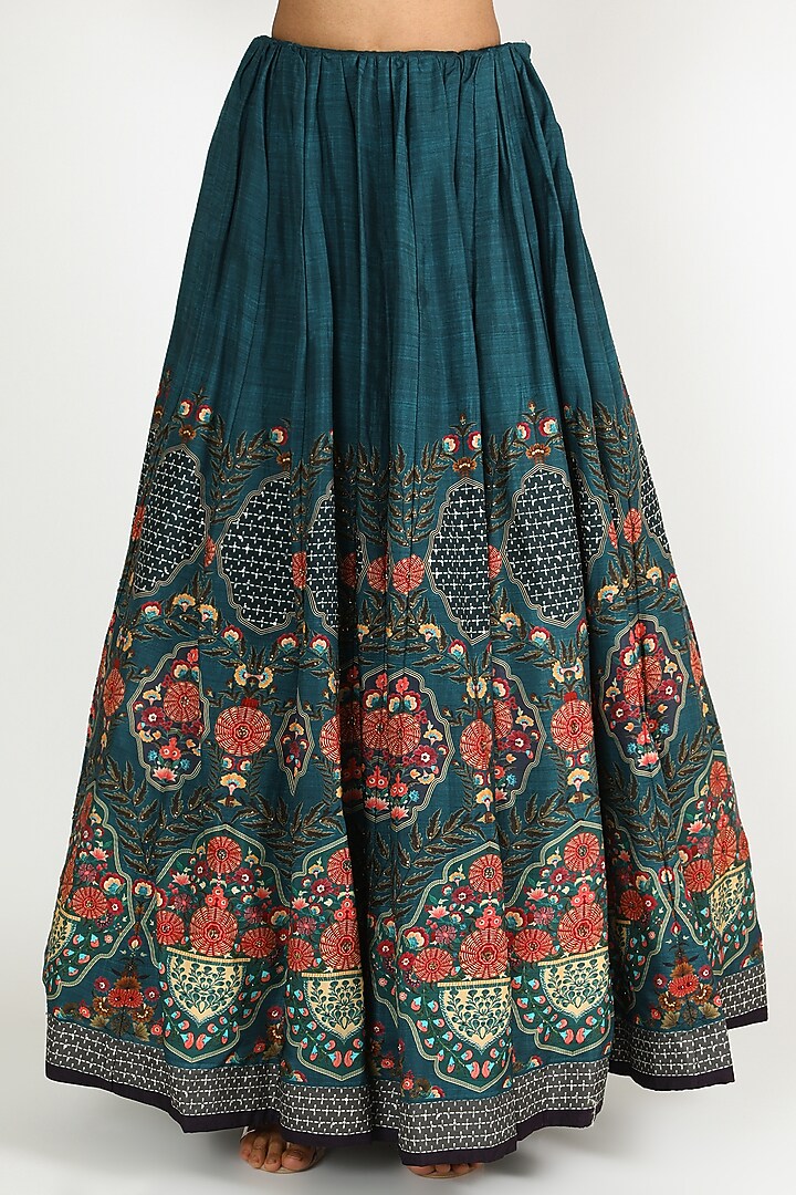 Peacock Blue Hand Embroidered & Printed Wedding Lehenga Set by Basil Leaf at Pernia's Pop Up Shop
