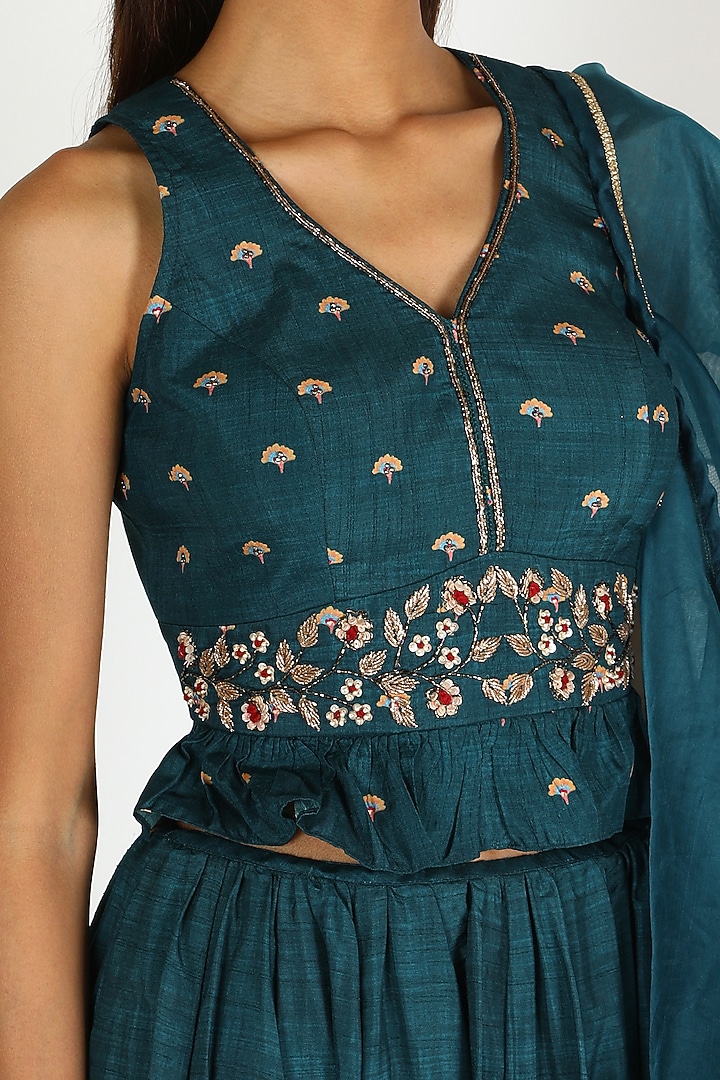 Peacock Blue Hand Embroidered & Printed Wedding Lehenga Set by Basil Leaf at Pernia's Pop Up Shop