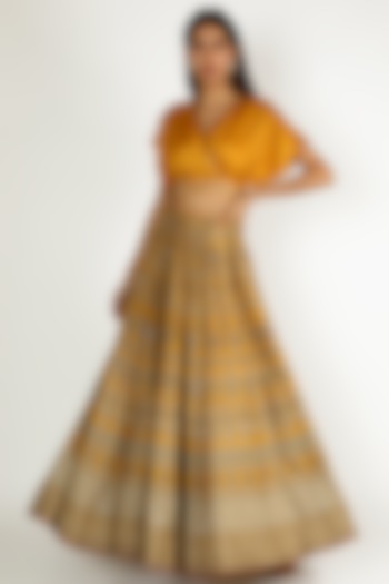 Mustard Yellow Printed & Hand Embroidered Flared Wedding Lehenga Set by Basil Leaf at Pernia's Pop Up Shop