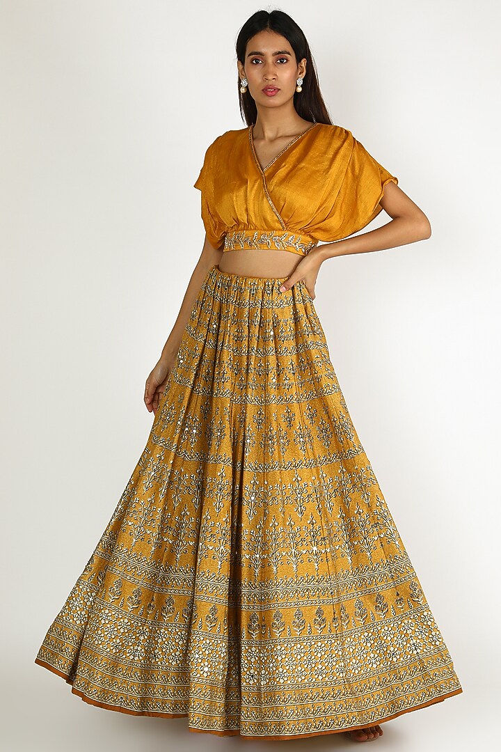 Mustard Yellow Printed & Hand Embroidered Flared Wedding Lehenga Set by Basil Leaf at Pernia's Pop Up Shop