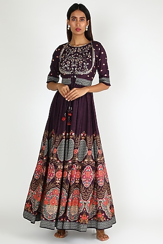 Wine Hand Embroidered & Printed Lehenga Set by Basil Leaf