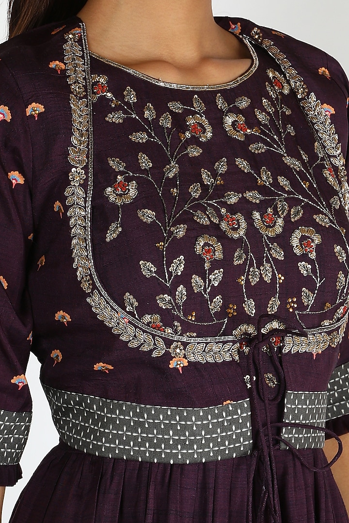 Wine Hand Embroidered & Printed Lehenga Set by Basil Leaf at Pernia's Pop Up Shop