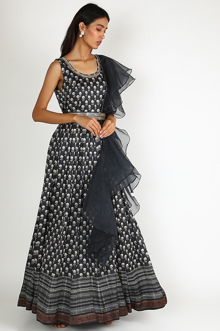 Burnt Charcoal Hand Embroidered Gown With Belt by Basil Leaf