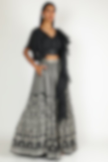 Charcoal Black Printed & Embroidered Lehenga Set by Basil Leaf at Pernia's Pop Up Shop