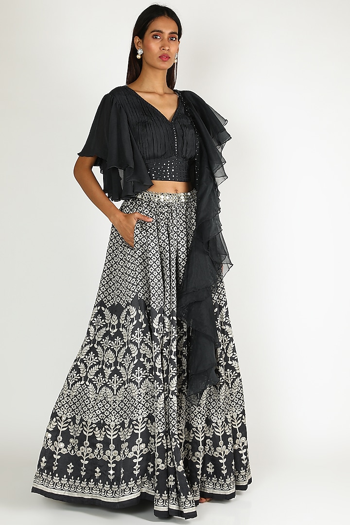 Charcoal Black Printed & Embroidered Lehenga Set by Basil Leaf at Pernia's Pop Up Shop