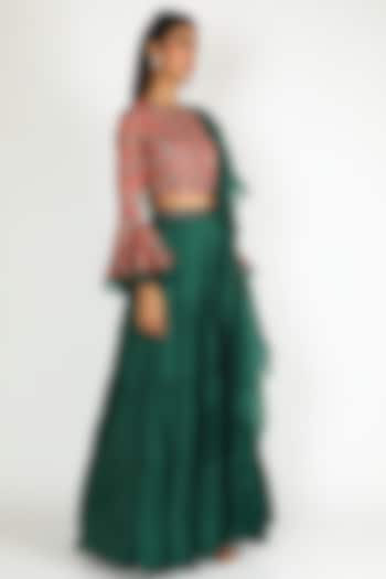 Midnight Green Printed & Embellished Skirt Set by Basil Leaf at Pernia's Pop Up Shop